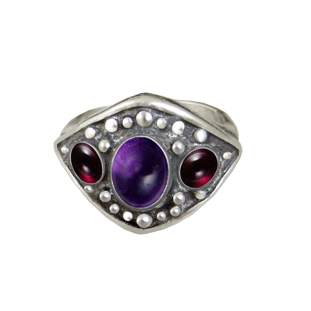 Sterling Silver Medieval Lady's Ring with Amethyst And Garnet Size 8
